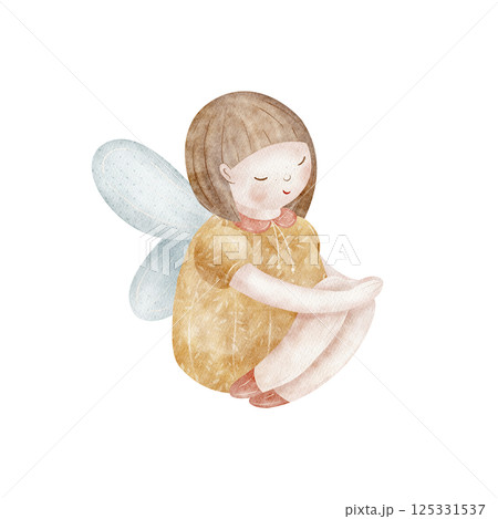 Watercolor fairy girl with wings sitting, sorceress, elf. Hand drawn illustration on isolated background in vintage style for design cards, poster, invitations birthday, holiday, clothes, packaging 125331537