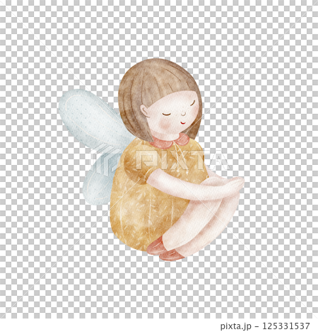 Watercolor fairy girl with wings sitting, sorceress, elf. Hand drawn illustration on isolated background in vintage style for design cards, poster, invitations birthday, holiday, clothes, packaging 125331537