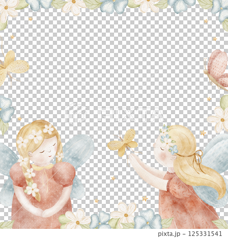 Frame watercolor illustration fairy girl catching butterflies in flowers. Hand drawn template in children's style isolated on background for design of invitations, holiday, postcard, baby's birthday 125331541