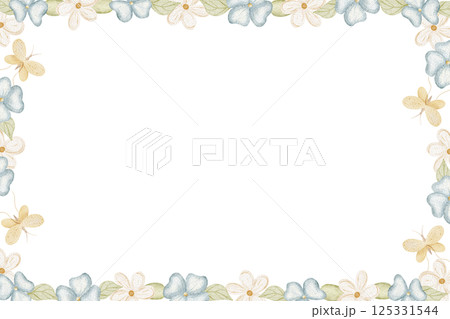 Frame watercolor flowers chamomile, violet, daisy. Hand drawn illustration in delicate color, template in retro style isolated on background for invitations, holiday, postcard, children's birthday, 125331544