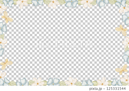 Frame watercolor flowers chamomile, violet, daisy. Hand drawn illustration in delicate color, template in retro style isolated on background for invitations, holiday, postcard, children's birthday, 125331544