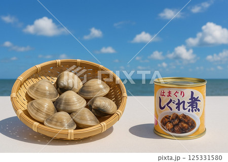 笊に採れたてのハマグリとしぐれ煮の缶詰 125331580