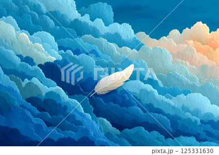 雲海に浮かぶ白い羽根、柔らかいテクスチャの抽象ブルー背景 125331630