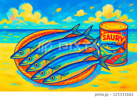 笊に採れたてのサンマに缶詰 125331682