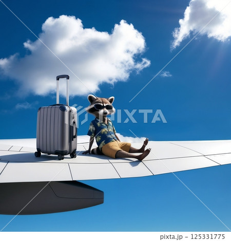 content raccoon relaxing on airplane wing with vibrant daylight sky for use in travel-themed visuals and marketing 125331775