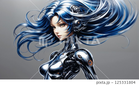 lonely dreamy android with blue hair and gentle pose for futuristic art 125331804