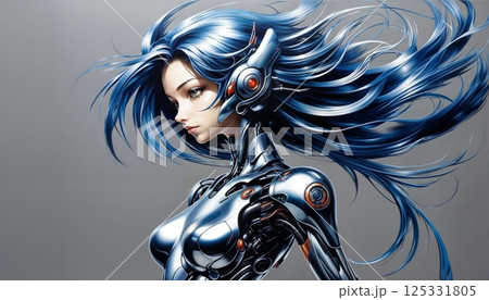 futuristic blue haired robot with romantic mood for science fiction scene futuristic blue haired robot with romantic mood for science fiction scene 125331805