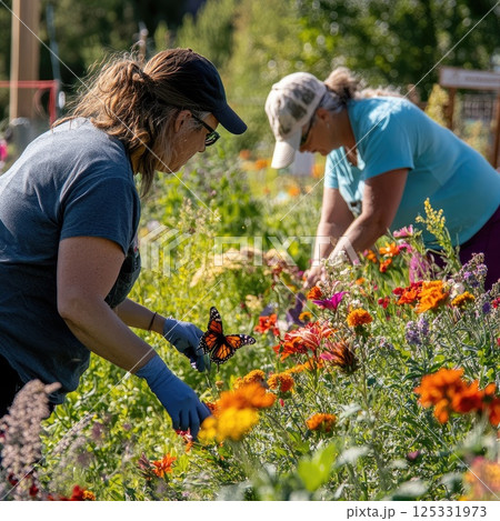 People working together to create a butterfly-friendly garden, with colorful flowers attracting butterflies, soft reflections and shadows, in a sunny, eco-friendly setting 125331973