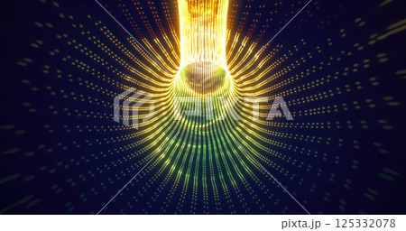 Golden particles forming a luminous vortex tunnel in a dark setting, symbolizing energy, movement, and futuristic concepts 125332078