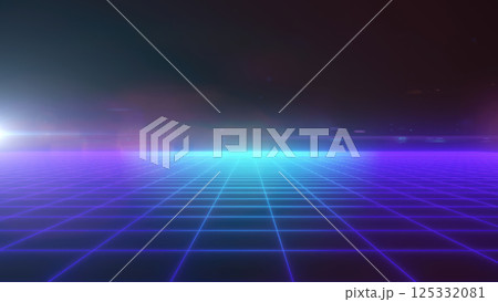 A glowing pink digital grid leading to a distant futuristic cityscape, with a cyberpunk aesthetic 125332081