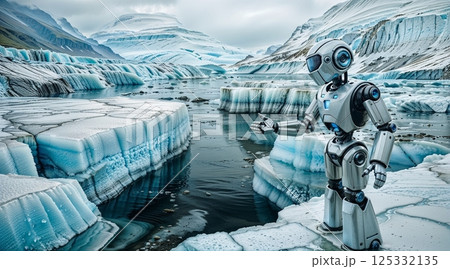 deep fractured glacier melting into dark sea with robot for use in global warming visual materials 125332135