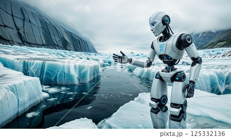 polar ice collapse with robot witness pointing to danger for climate change documentaries or eco visual content polar ice collapse with robot witness pointing to danger for climate change documentaries or eco visual content 125332136