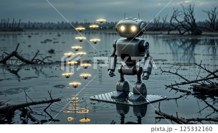 grim polluted landscape with oil contamination and robotic presence for use in projects about industrial pollution 125332160