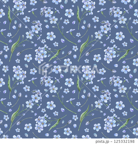 Blue spring forget-me-not flowers with green leaves. Delicate botanical watercolor seamless pattern on blue background, suitable for eco-branding, packaging, cards, wedding designs, botanical prints. 125332198
