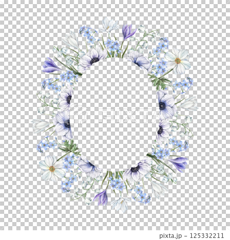 Oval flower frame of forget-me-nots, white and purple crocuses, lilies of the valley and anemones. Watercolor frame is suitable for eco-branding, packaging, cards, wedding designs, botanical projects. Oval flower frame of forget-me-nots, white and purple crocuses, lilies of the valley and anemones. Watercolor frame is suitable for eco-branding, packaging, cards, wedding designs, botanical projects. 125332211