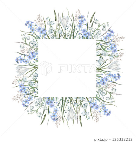 Floral square frame of blue delicate forget-me-nots, white crocuses, lilies of the valley and forest green and dry herbs. Watercolor botanical frame for wedding invitations, cards, floral packaging. Floral square frame of blue delicate forget-me-nots, white crocuses, lilies of the valley and forest green and dry herbs. Watercolor botanical frame for wedding invitations, cards, floral packaging. 125332212