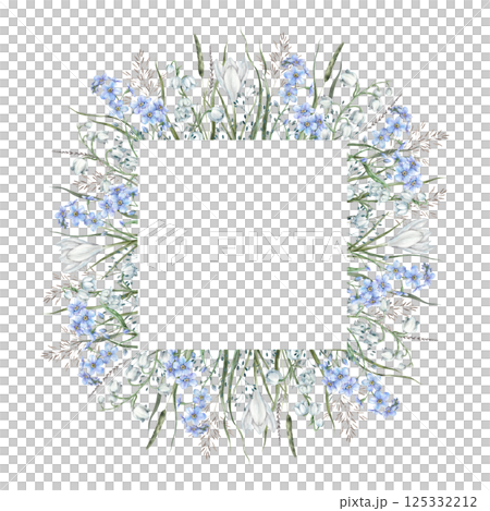 Floral square frame of blue delicate forget-me-nots, white crocuses, lilies of the valley and forest green and dry herbs. Watercolor botanical frame for wedding invitations, cards, floral packaging. 125332212