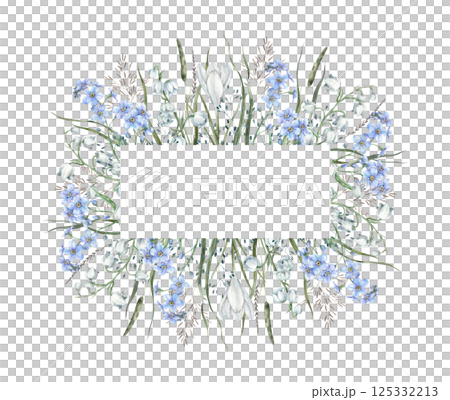 Floral rectangular frame of blue delicate forget-me-nots, white crocuses, lilies of the valley and forest green and dry herbs. Watercolor botanical frame for wedding invitations, cards, branding. 125332213