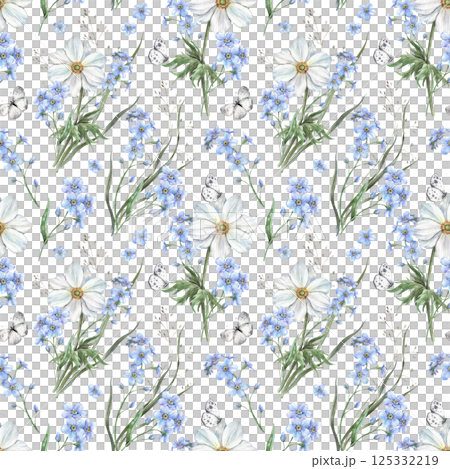Blue forget-me-nots, white anemones, forest grass and butterflies. Botanical watercolor seamless pattern on a white background. For various holidays and wedding industry, floral packaging, textiles. Blue forget-me-nots, white anemones, forest grass and butterflies. Botanical watercolor seamless pattern on a white background. For various holidays and wedding industry, floral packaging, textiles. 125332219