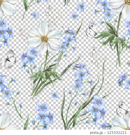 Blue forget-me-nots, white anemones, forest grass and butterflies. Botanical watercolor seamless pattern on a spring theme. For various holidays and wedding industry, floral packaging, cards, textiles 125332221