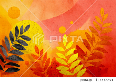 質感のある抽象ボタニカルデザイン、色鮮やかな南国の葉 重ね合わせ 125332254