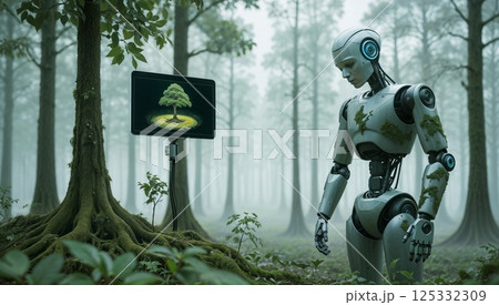 illustration of ecological collapse with symbolic robot and disappearing forest for use in green initiative projects 125332309