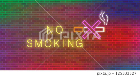 Vector Brick Wall Background. Neon NO SMOKING sign. Abstract Colorful Brick Pattern 125332527