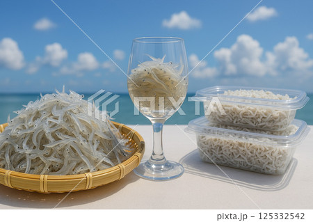 笊に採れたての沢山のシラスとグラス入りシラスとシラスパック 125332542