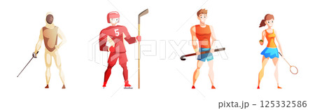Man and Woman Athlete Character Engaged in Different Sport Vector Set 125332586