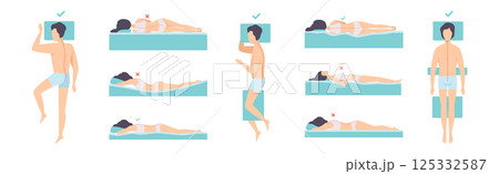Correct and Incorrect Sleeping Body Posture of Man and Woman Vector Set Correct and Incorrect Sleeping Body Posture of Man and Woman Vector Set 125332587