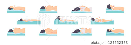 Correct and Incorrect Sleeping Body Posture of Man and Woman Vector Set 125332588