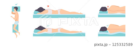Correct and Incorrect Sleeping Body Posture of Man and Woman Vector Set 125332589