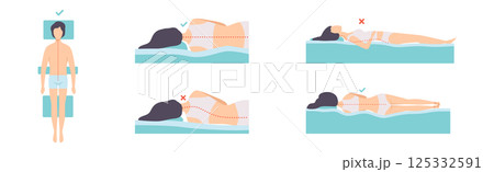 Correct and Incorrect Sleeping Body Posture of Man and Woman Vector Set 125332591
