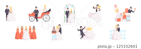 Just Married and Newlyweds Couple of Man and Woman Vector Set 125332601