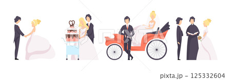 Just Married and Newlyweds Couple of Man and Woman Vector Set 125332604