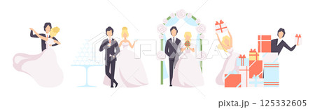 Just Married and Newlyweds Couple of Man and Woman Vector Set 125332605