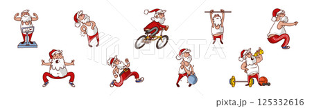 Santa Claus in Red Pants and Tank Top Doing Sport Vector Set Santa Claus in Red Pants and Tank Top Doing Sport Vector Set 125332616