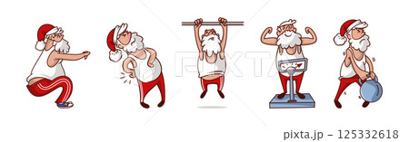 Santa Claus in Red Pants and Tank Top Doing Sport Vector Set Santa Claus in Red Pants and Tank Top Doing Sport Vector Set 125332618