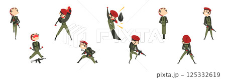 Military Man Soldier Character with Weapon on Battle Field Vector Set 125332619