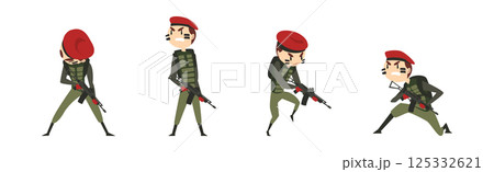 Military Man Soldier Character with Weapon on Battle Field Vector Set 125332621