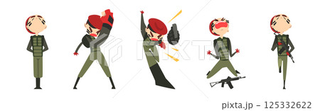 Military Man Soldier Character with Weapon on Battle Field Vector Set Military Man Soldier Character with Weapon on Battle Field Vector Set 125332622