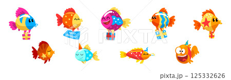 Funny Fish Character Floating with Gift Box Celebrating Holiday Vector Set 125332626