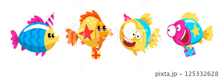 Funny Fish Character Floating with Gift Box Celebrating Holiday Vector Set 125332628