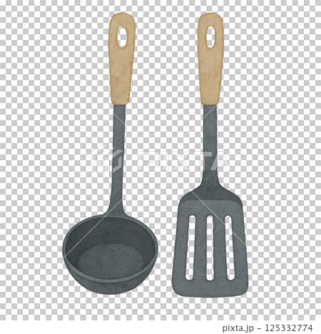 Watercolor illustration of a ladle and spatula (transparent PNG) 125332774
