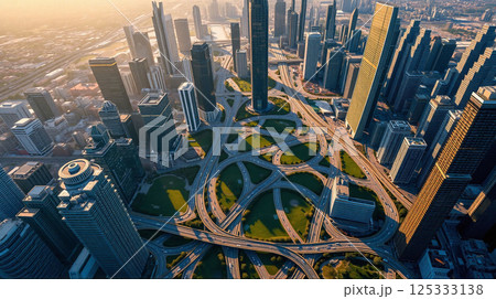 Aerial view of downtown skyscrapers and intricate roadway system at sunrise 125333138