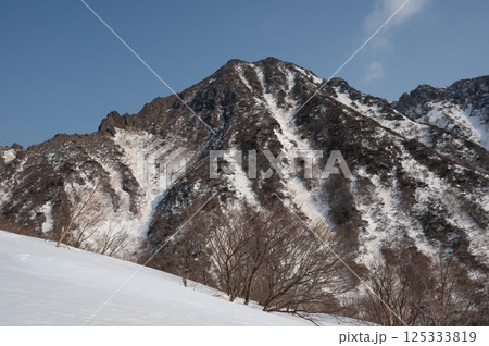 残雪の栃木県那須山登山道から見た4月の風景 残雪の栃木県那須山登山道から見た4月の風景 125333819