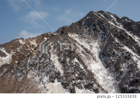 残雪の栃木県那須山登山道から見た4月の風景 125333838