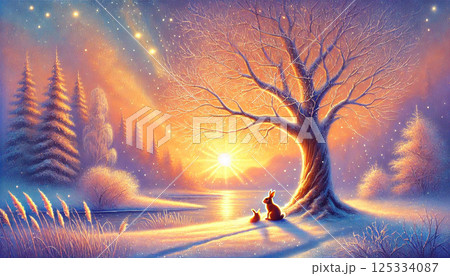 雪原にたたずむ親子のウサギが夕陽と星空を見つめる静寂と温もりの冬の情景 125334087