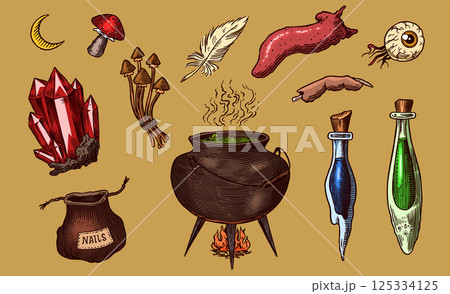 Big collection of wizardry elements for magic rituals or tarot deck, book, cat hand Witch with stone Big collection of wizardry elements for magic rituals or tarot deck, book, cat hand Witch with stone 125334125