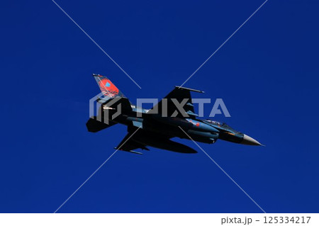 首都防空の要『百里基地』の上空を高機動飛行するF-2ジェット戦闘機 125334217